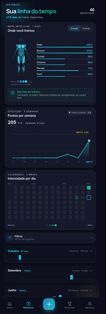 Meus Treinos training history and performance analytics developed by Teratius