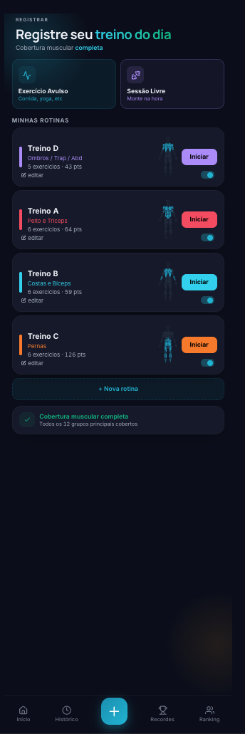 Meus Treinos workout logging interface developed by Teratius